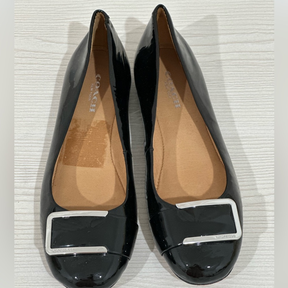 Coach Black Patent Leather Loafers with Silver Buckle
